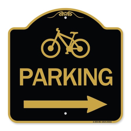 Signmission BicycleParking Right Arrow, Black & Gold Aluminum Architectural Sign, 18" x 18", BG-1818-24315 A-DES-BG-1818-24315